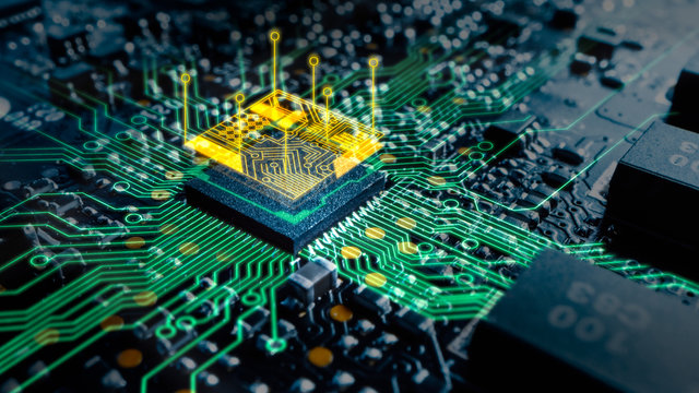 Close-up Macro Shot of Printed Circuit Board with Computer Motherboard Component Microchip with Augmented Reality Graphics Showing Chip Structure. Inside of Electronic Device. 