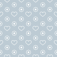 Vector Seamless Pattern. Hearts and flowers with a white outline on a light grey background. Modern illustration great for festive background, design greeting cards, textiles, packing, wallpaper, etc.