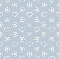 Vector Seamless Pattern. Hearts and flowers with a white outline on a light grey background. Modern illustration great for festive background, design greeting cards, textiles, packing, wallpaper, etc.
