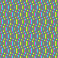 Vector Seamless Pattern. Colorful vertical wavy lines on a grey background. Simple modern illustration great for festive background, design greeting cards, textiles, packing, wallpaper, etc.