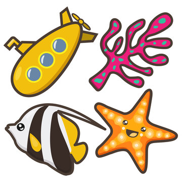 A set of funny pictures on the theme of the underwater world: submarine, fish, algae, coral. Kawaii illustration.