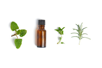 Bottle with herb essential oil on white background. Flat lay concept.