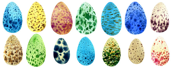 set of wild bird eggs, watercolor illustration isolated on white