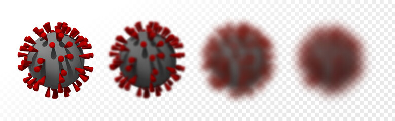 Set of realistic virus microbe symbols with varying degrees of blur isolated on a transparent background. Vector illustration of the coronavirus ( COVID-19, Corona Virus, Virus Covid 19-NCP).