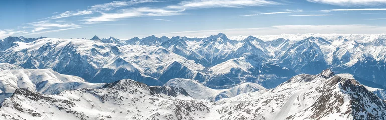 Poster The grandiose and amazing panoramic view of freeze mountain range Alpes landscape scene from the highest nature peak panorama viewpoint. French Alps © guruXOX