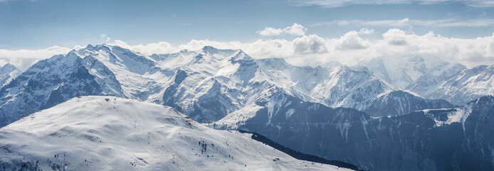 The grandiose and amazing panoramic view of freeze mountain range Alpes landscape scene from the...