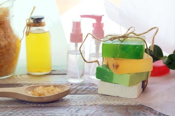 Soaps, hand sanitizer on windowsill, healthy lifestyle, at home