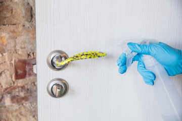 Viruses on surfaces you contacting everyday - spreading of virus, disinfection. Danger way of epidemic. Smartphone, laptop, keyboard, tablet, table, floor, door knob. Hands on infected things.