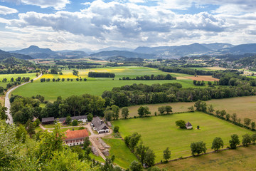 Fototapeta na wymiar top view of the Alpine mountains, agricultural fields, Austria