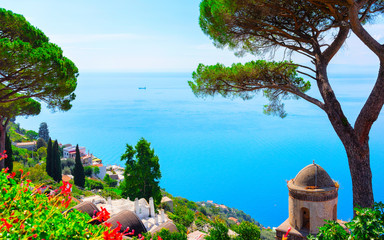 View from terrace to Tyrrhenian sea at Ravello village reflex