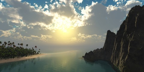 Fototapeta na wymiar Tropical coast with palm trees at sunset, stormy sky and tropical beach, rocks and shore with palm trees at sunset, 3D rendering