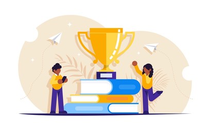 Concept of learning. People received a cup award for studying books. Modern flat vector illustration.