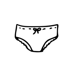 Doodle illustration of women's underpants with a bow and ruffles. Vector illustration of underpants with black lines on a white background