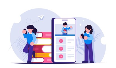 Students study the curriculum remotely by browsing webinars on a mobile phone screen. Modern flat vector illustration.