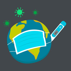 planet earth in a protective mask holding a sign against coronavirus