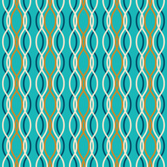 Vector seamless pattern. Colored vertical wavy lines intertwined on a light turquoise background. Illustration great for holiday background, greeting card design, textiles, packaging, wallpaper, etc.
