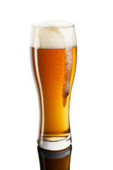 cold beer in glass on white background
