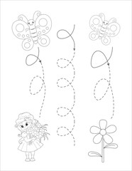 Black and white page for toddler coloring book. Illustration of cute doll girl and butterflies . Printable template for kids. hand drawn practice lines activity page for children 
