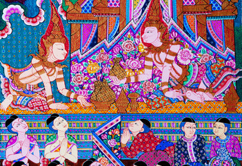 Mural painting of the history of temples in Thailand