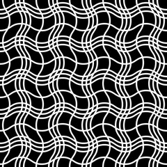 Vector seamless pattern. White wavy lines are intertwined to form squares on a black background. Modern illustration great for holiday background, greeting card design, textile, packaging, wallpaper.