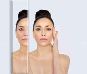 Aging. Mature woman-young woman.Face with skin problem.Showing photos before and after	