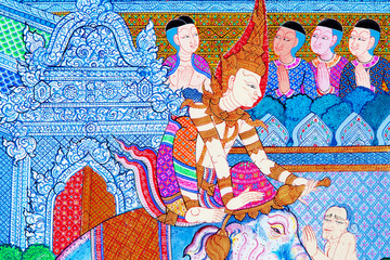 Mural painting of the history of temples in Thailand