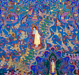 Mural painting of the history of temples in Thailand
