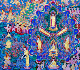 Mural painting of the history of temples in Thailand