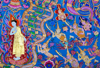 Mural painting of the history of temples in Thailand