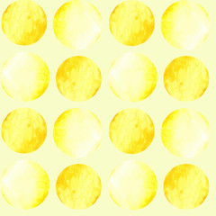 Yellow watercolor circles on light-yellow background: abstract seamless pattern, dotted wallpaper design, textile print.