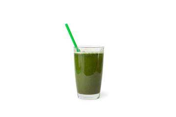 Fresh celery spinach juice in a glass isolated on white background. Healthy eating Detox juice diet.