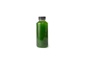 Fresh celery spinach juice in a glass bottle isolated on white background. Healthy eating Detox...
