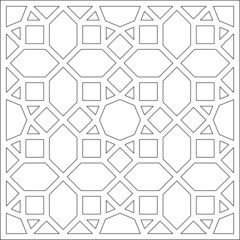 Black and white 2D CAD drawing of Islamic pattern. Islamic patterns use elements of geometry that are repeated in their designs.