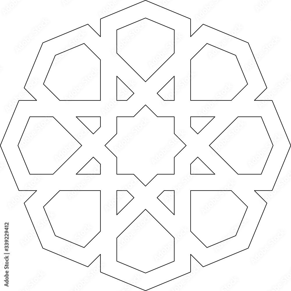 Poster black and white 2d cad drawing of islamic pattern. islamic patterns use elements of geometry that ar