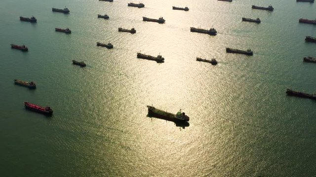 Aerial view oil and gas petrochemical tanker offshore in open sea, Refinery industry cargo ship, Oil product tanker and LPG tanker at sea view from above, Aerial view oil tanker ship vessel.