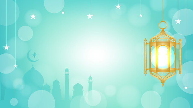 Ramadan background Vector illustration. Beautiful golden Arabic lantern on  aqua bokeh background Stock Vector | Adobe Stock