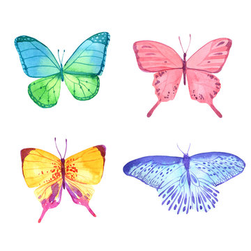 set of watercolor butterflies isolated on white background