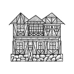 Timber framing fachwerk house sketch engraving vector illustration. T-shirt apparel print design. Scratch board imitation. Black and white hand drawn image.