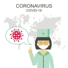 Doctor woman on world map background, around viruses