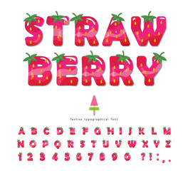 Strawberry summer font. Cartoon decorative alphabet. Festive glossy letters and numbers. For packaging, poster, banner, T-shirt, birthday card design. Vector