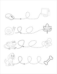 Black and white hand drawn page for toddler coloring book. Illustration of cute mouse , frog , butterfly, animals . Printable template for kids. hand drawn practice lines activity page for children