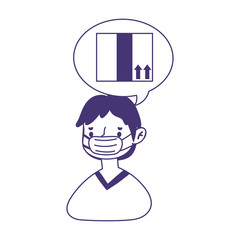 man with medical mask cardboard box online shopping covid 19 line style