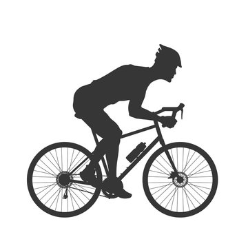 Black silhouette of cyclist. Outdoor fitness. Young active man. Isolated bicyclist image. Side view