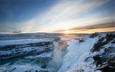 winter landscape with snow at Gullfoss Waterfall in Iceland, Europe 
