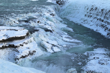 winter landscape with snow at Gullfoss Waterfall in Iceland, Europe 