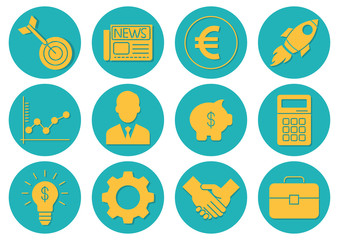 flat icons set,business,rocket,briefcase,gear,calculator,target,graph,businessman,piggy bank,newspaper,handshake,light bulb,vector illustrations