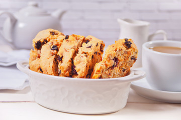 Italian biscotti and cup of coffee on the background.