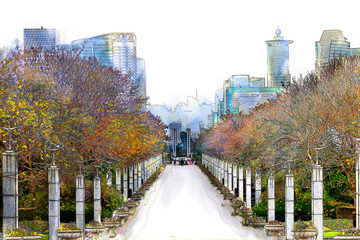 Digital watercolor painting and drawing of footpath in shanghia park and high-rise building cityscape , shanghia, China.