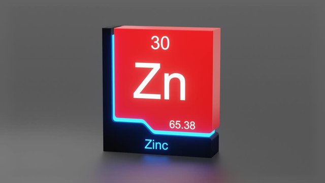 Zinc, periodic table element 3D animation, modern educational red icon with blue neon light	