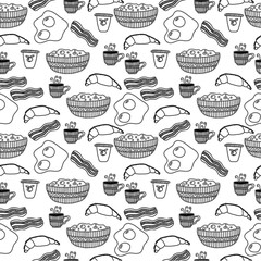 Seamless breakfast black and white pattern. Vector illustration for textile, fabric, web, wallpaper, wrapping paper design.